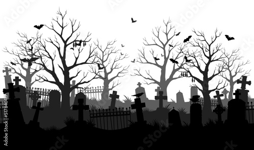Old cemetery silhouette, abandoned graveyard in Halloween night, vector background. Scary spooky cemetery with graves, gravestones and tombstones with bats on trees and fog mist sky photo