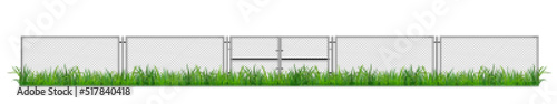 Wire fence with gates on green grass. Metal chain link mesh, barrier isolated on white background. Rabitz, perimeter protection segments separated with poles, Realistic 3d vector illustration