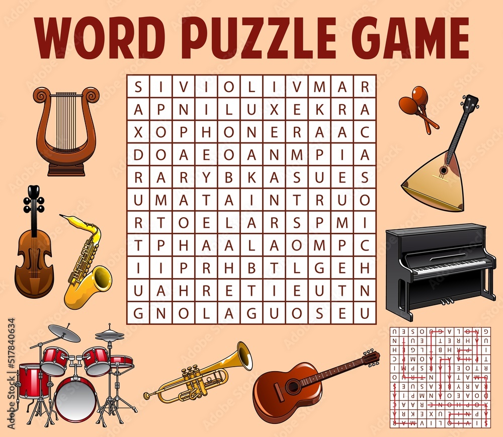 Musical instruments word search puzzle game worksheet. Child quiz grid
