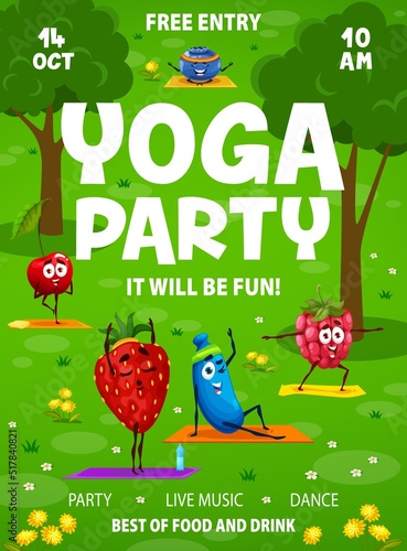 Yoga party flyer, cartoon vector invitation poster for outdoor fitness and meditation in park with funny berry characters cherry, strawberry, raspberry and honeyberry, blueberry relax on nature