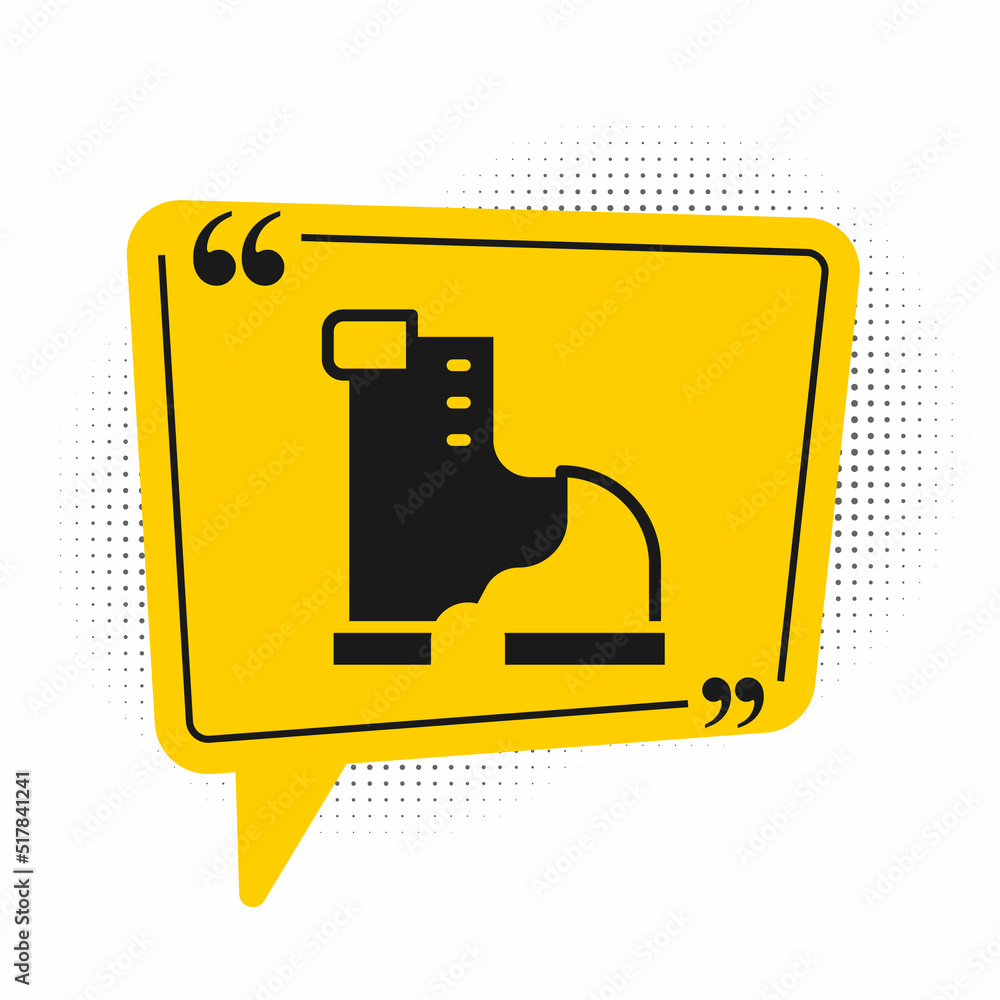 Black Winter warm boot icon isolated on white background. Waterproof rubber boot. Yellow speech bubble symbol. Vector Black Winter warm boot icon isolated on white background. Waterproof rubber boot. Yellow speech bubble symbol. Vector