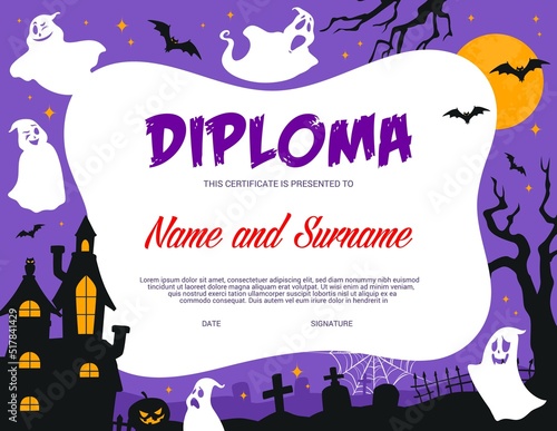 Kids diploma, Halloween ghosts on cemetery, vector education certificate award. Kindergarten appreciation diploma with funny Halloween cartoon ghost ghouls, scary night graveyard and haunted castle