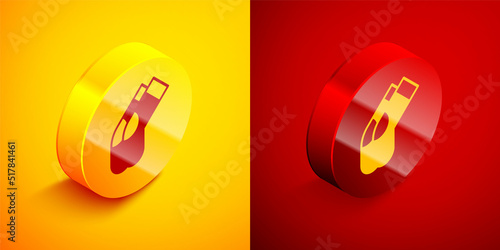 Isometric Socks icon isolated on orange and red background. Circle button. Vector © Kostiantyn