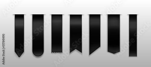 Black bookmarks, ribbon, banner 3d mockup, blank book marks with rounded, pointed and straight edges. Vertical silk canvas, tags template, Realistic 3d vector icons isolated on transparent background