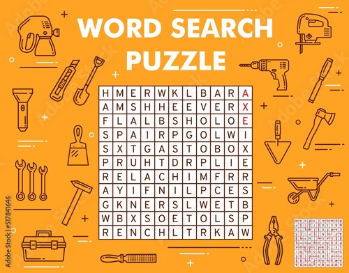 Construction, DIY and repair tools word search puzzle game. Vector hammer, flashlight, wheelbarrow, shovel and axe, spatula, sprayer, trowel and rasp, toolbox, chisel, fretsaw, drill and pliers