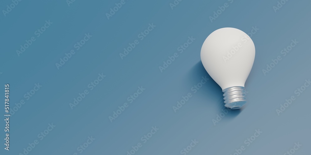 Light bulb white on blue background, above view. Old glass screw lamp, copy space. 3d render Light bulb white on blue background, above view. Old glass screw lamp, copy space. 3d render