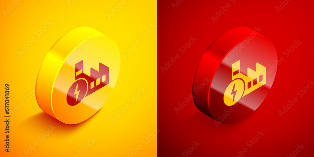 Isometric Nuclear power plant icon isolated on orange and red background. Energy industrial concept. Circle button. Vector Isometric Nuclear power plant icon isolated on orange and red background. Energy industrial concept. Circle button. Vector
