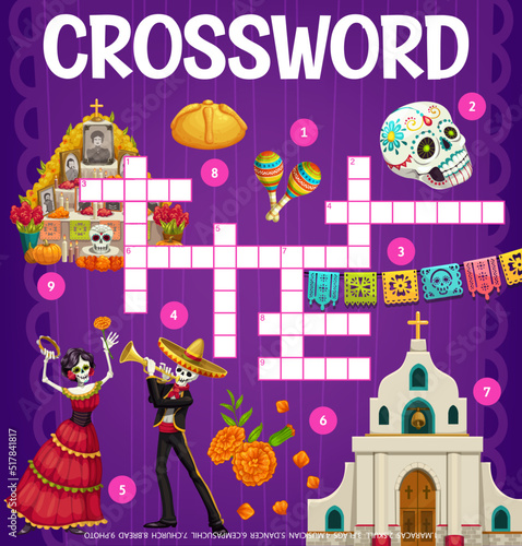 Dia de los Muertos mexican holiday crossword grid. Find a word quiz game vector worksheet of Day of the Dead sugar skull, maracas and skeletons of musician and dancer, papel picado flags and church