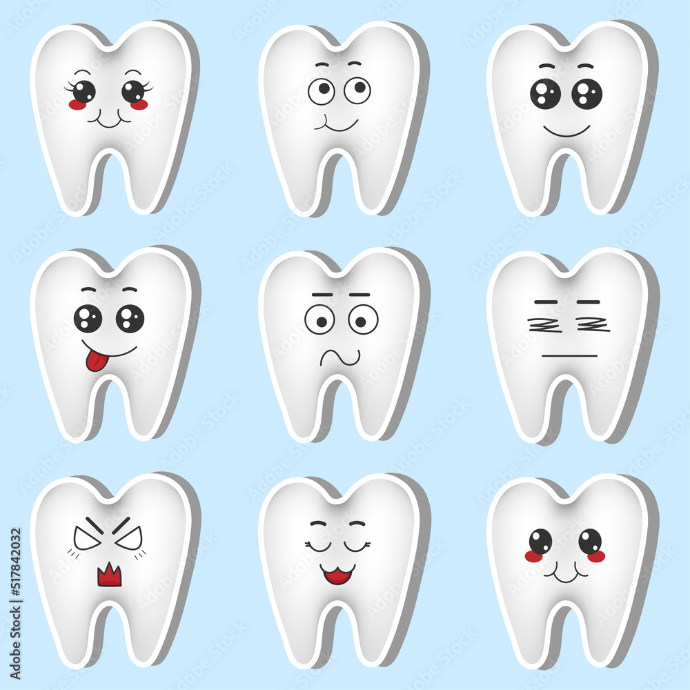 Set of funny teeth stickers with kawaii emotions. Flat vector illustration of teeth with emotions isolated on blue background. Set of funny teeth stickers with kawaii emotions. Flat vector illustration of teeth with emotions isolated on blue background.