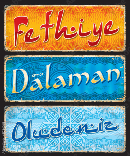 Fethiye  Dalaman  Oludeniz  Turkish city travel stickers and plates  vector tin signs and luggage tags. Turkey travel and tourism trip stickers or grunge plates with Turkish cities emblems and flags