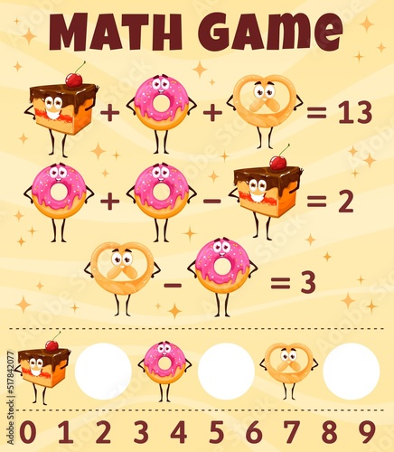 Cartoon desserts and bakery characters math game worksheet, vector education riddle. Kids math puzzle with pastry donut, chocolate cake and sweet bagel for mathematics addition and subtraction riddle