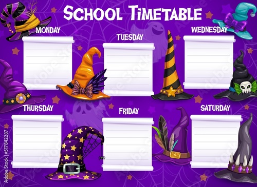 Halloween education timetable schedule, cobweb, ghosts witch and wizard hats, vector lessons plan. Kids school timetable schedule with spooky Halloween ghosts and witch hats with skull and spiders