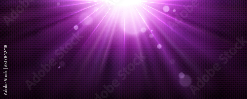 Light background with purple beams and flare effect glow on transparent layout. Abstract magic, spotlight or sun shine template for advertising. Stardust explosion Realistic 3d vector illustration