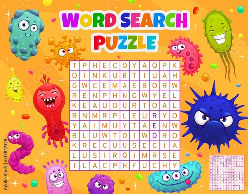 Cartoon viruses, germs and microbes word search puzzle game worksheet, kids quiz. Vector crossword grid, brainteaser for children with funny microorganism characters and latin letters at square field