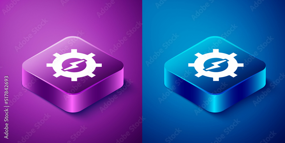 Isometric Gear and lightning icon isolated on blue and purple background. Electric power. Lightning bolt sign. Square button. Vector Isometric Gear and lightning icon isolated on blue and purple background. Electric power. Lightning bolt sign. Square button. Vector
