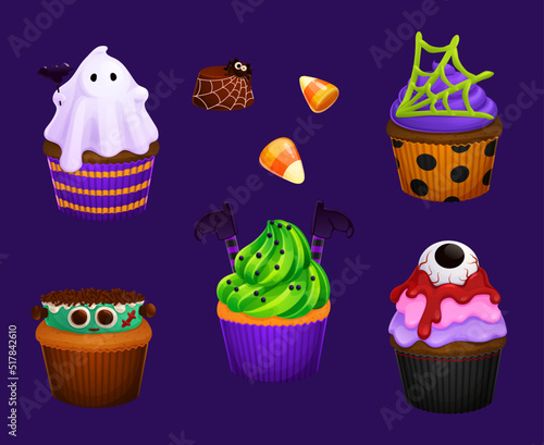 Funny Halloween cupcake, candy corn and chocolate candy vector desserts. Halloween holiday trick or treat party sweet food, muffins with cream, ghost, bat, eyeball and zombie, witch, spider web decors