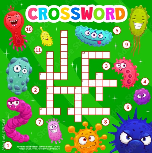 Cartoon viruses, microbes, germs and bacteria crossword grid worksheet. Find a word quiz game, kids vocabulary playing activity or child logical vector riddle, children text game with microorganisms