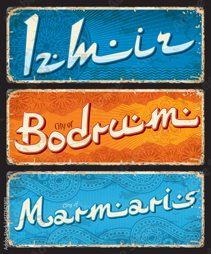 Izmir, Marmaris, Bodrum, Turkish city plates and travel stickers, vector luggage tags. Turkey travel trip tin signs and tourism baggage labels with Turkish cities emblems and flags