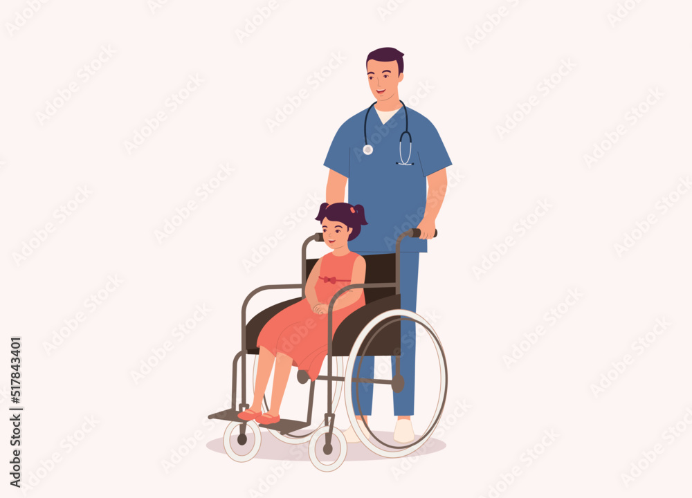 Smiling Male Nurse With Medical Scrubs Pushing Wheelchair With Disabled Girl. Full Length. Flat Design Style, Character, Cartoon. Smiling Male Nurse With Medical Scrubs Pushing Wheelchair With Disabled Girl. Full Length. Flat Design Style, Character, Cartoon.