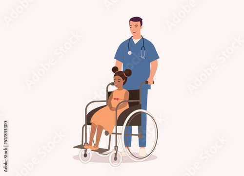 Smiling Male Nurse With Medical Scrubs Pushing Wheelchair With Disabled Black Girl. Full Length. Flat Design Style, Character, Cartoon.