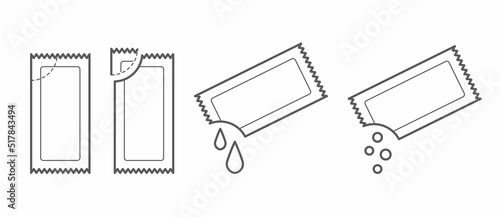 Set of sachet icons. Stick packaging template for sugar, pepper, souse, medicine, tissue and food. Vector