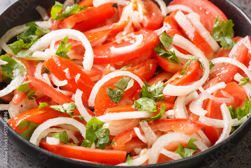 Delicious homemade tomato salad with onion and cilantro seasoned with olive oil close-up in a plate on the table. Horizontal
