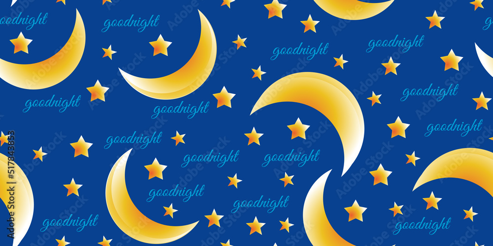 Naklejka premium Goodnight seamless background. Moon and stars against the backdrop of the night sky. Template for designing pajamas, blankets and other accessories for sleeping. Vector illustration