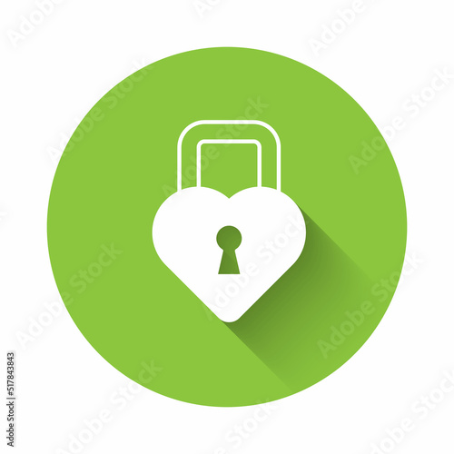 White Castle in the shape of a heart icon isolated with long shadow background. Locked Heart. Love symbol and keyhole sign. Happy Valentines day. Green circle button. Vector