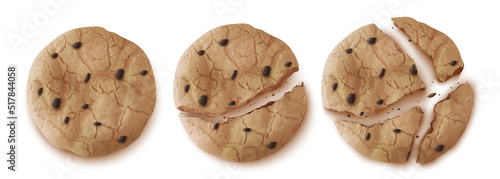 Oatmeal cookies with chocolate chips top view, whole and cracked crumble biscuit snack isolated on white background. Homemade round crispy cakes, sweet bakery, cereal pastry realistic 3d vector