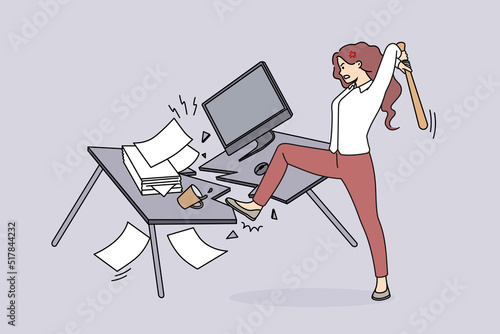 Angry woman employee crash office table suffer from nervous breakdown at workplace. Furious businesswoman break furniture in cabinet having burnout. Vector illustration. 