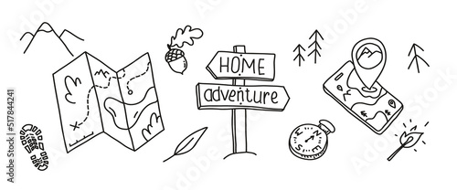 Adventure navigation vector. Outdoor navi equipment doodle set. camping and maps hand drawn.