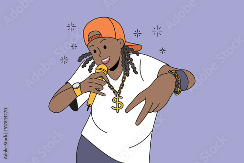 African American man in cap and gold accessories rapping. Male rapper sing in microphone. Hobby and entertainment. Vector illustration. 