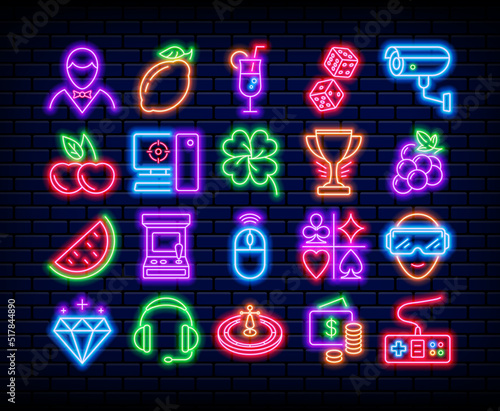 Neon game icons. Casino and roulette games. Dice and cards signs on brick wall. Online bonus for gambling. Coin slot machine. Fruits and fortune symbols set. Vector graphic collection