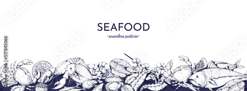 Sea food pattern. Fresh marine fish, and ocean products, lobster and salmon, cooked ingredients, restaurant menu background, sketch seafood, gourmet dinner. Vector seamless background