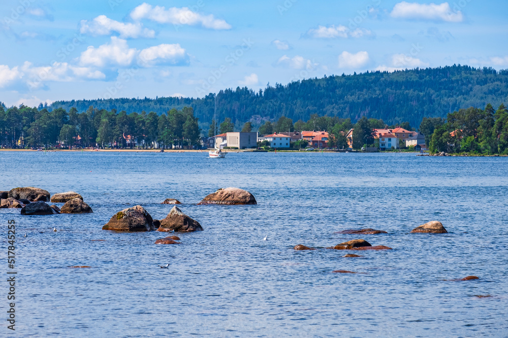 Fototapeta premium View at Karlsborg city in Sweden from lake vattern