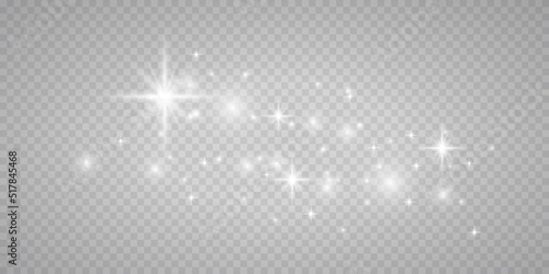 White png dust light. Bokeh light lights effect background. Christmas background of shining dust Christmas glowing light bokeh confetti and spark overlay texture for your design.