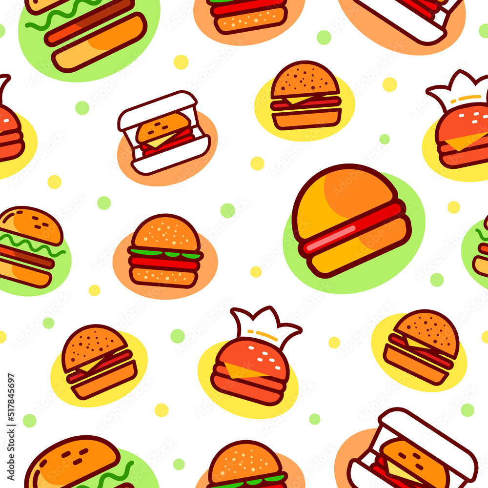 Burger pattern. Hamburger food for restaurant paper, barbecue or sandwich with beef, delicious meat wrapping design. Seamless texture, bright elements isolated, vector kitchen print Burger pattern. Hamburger food for restaurant paper, barbecue or sandwich with beef, delicious meat wrapping design. Seamless texture, bright elements isolated, vector kitchen print