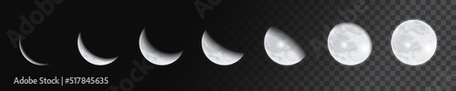 Moon light. Crescent phases. Transparent lunar moonlight. Thin sky eclipse. Astronomy science. Space satellite cycle. Night elements set. Astrology calendar. Vector realistic illustration