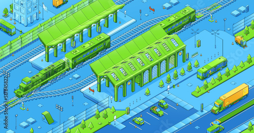 Isometric city infrastructure, railway area with trains, terminal building, rails. Urban architecture, car parking area, megalopolis commuter transport 3d vector graphic design, line art illustration