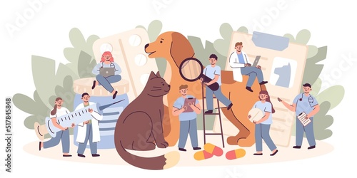 Veterinarian with cat and puppy. Vet clinic for pets. Tiny doctors. Huge domestic animals. Treatment hospital for canine or feline checkup. Medical vaccination. Vector illustration