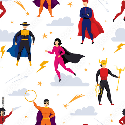Superman pattern. Seamless comic background with characters flying in american costumes. Lightning stars and clouds in sky. Art vector symbols. Decor textile, wrapping paper. Cartoon print