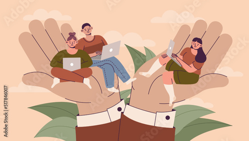 Professional support in workplace. Workers benefit business and job on group. Helping hands. Man and women work with laptops. Freelance people in casual poses. Vector team illustration