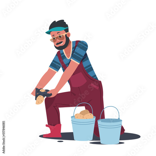 Agricultural work. Cartoon farmer character working in field. Man planting potatoes, gardening with buckets on plantation flat style isolated illustration. Vector rustic family work scene set