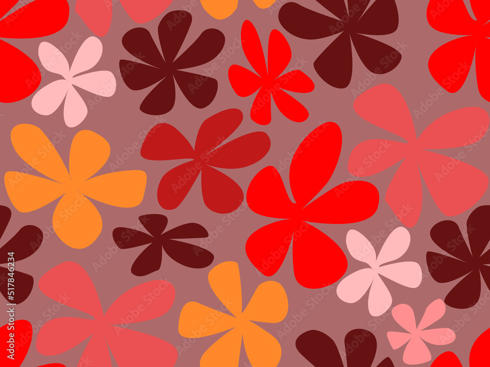 Seamless pattern with multicolored painted flowers on a gray background.