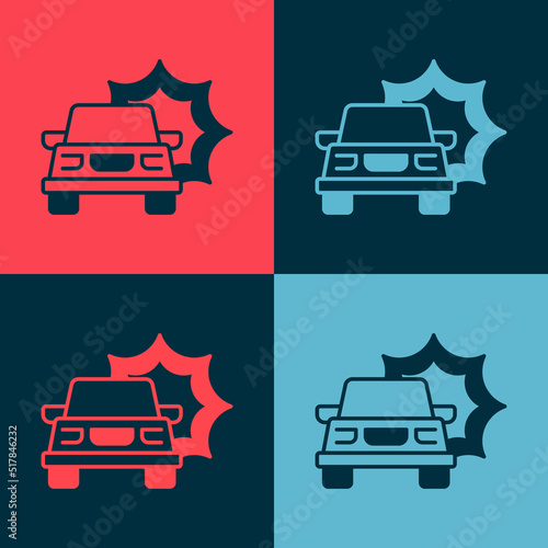 Pop art Car accident icon isolated on color background. Insurance concept. Security, safety, protection, protect concept. Vector