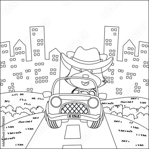 Cute little fox cartoon having fun driving off road car on sunny day. Cartoon isolated vector illustration, Creative vector Childish design for kids activity colouring book or page.