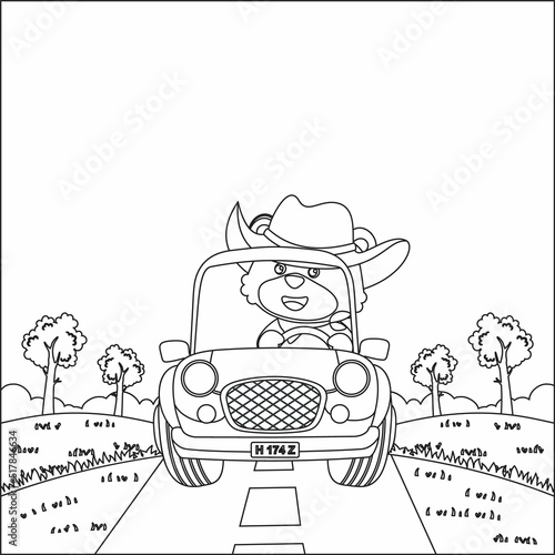 Cute little fox cartoon having fun driving off road car on sunny day. Cartoon isolated vector illustration, Creative vector Childish design for kids activity colouring book or page.