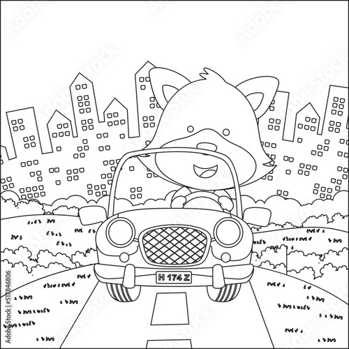 Cute little fox cartoon having fun driving off road car on sunny day. Cartoon isolated vector illustration, Creative vector Childish design for kids activity colouring book or page.
