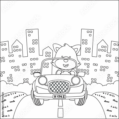 Cute little fox cartoon having fun driving off road car on sunny day. Cartoon isolated vector illustration, Creative vector Childish design for kids activity colouring book or page.