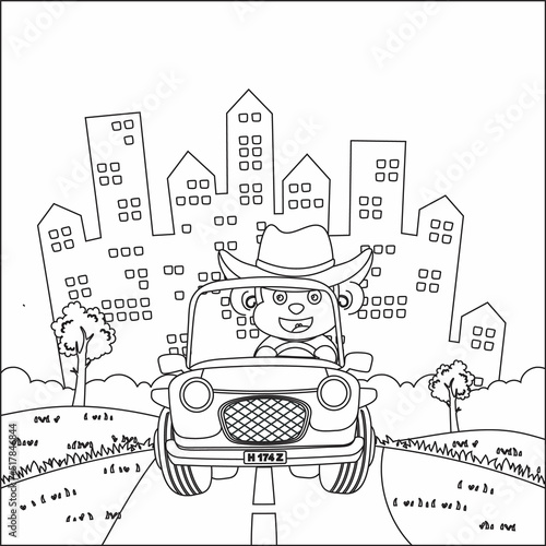 Cute little fox cartoon having fun driving off road car on sunny day. Cartoon isolated vector illustration, Creative vector Childish design for kids activity colouring book or page.